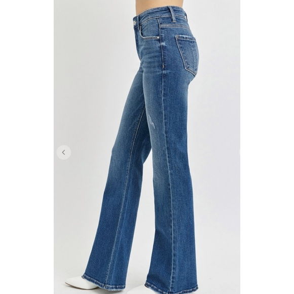 Risen Jeans Tummy Control Mid Rise Flare Medium Wash Denim - Picture 1 of 3